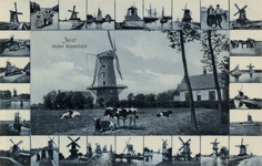 16073 Collage van een groot aantal kleinformaat gezichten van molens in Nederland; met in het midden een gezicht op de ...